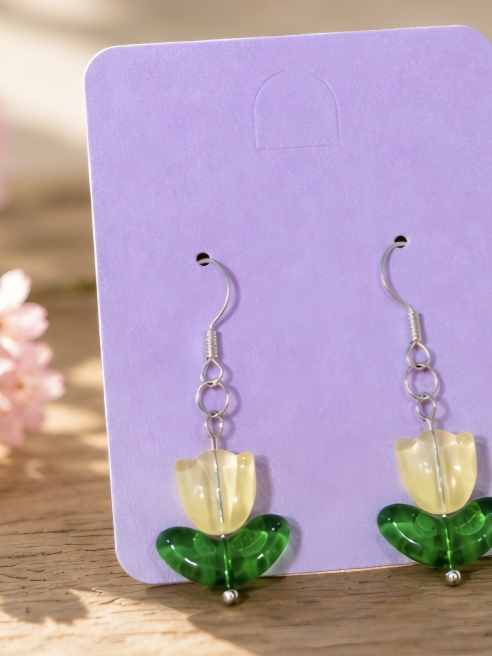 Handcrafted Yellow Tulip Drop Earrings with Green Leaves